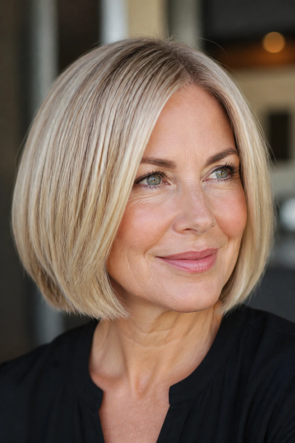 Portrait of a woman with champagne blonde bob and face-framing highlights.
