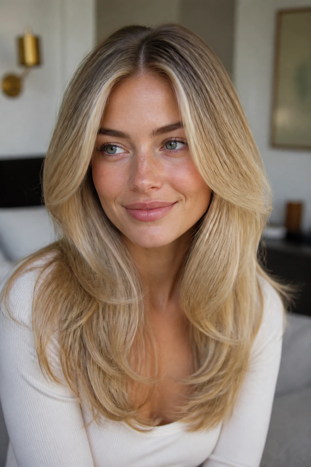 Close-up of a woman with champagne blonde center-parted layered hair.