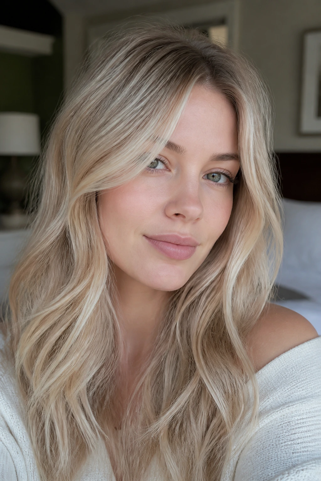 Close-up portrait of a woman with cool undertones and champagne blonde hair.