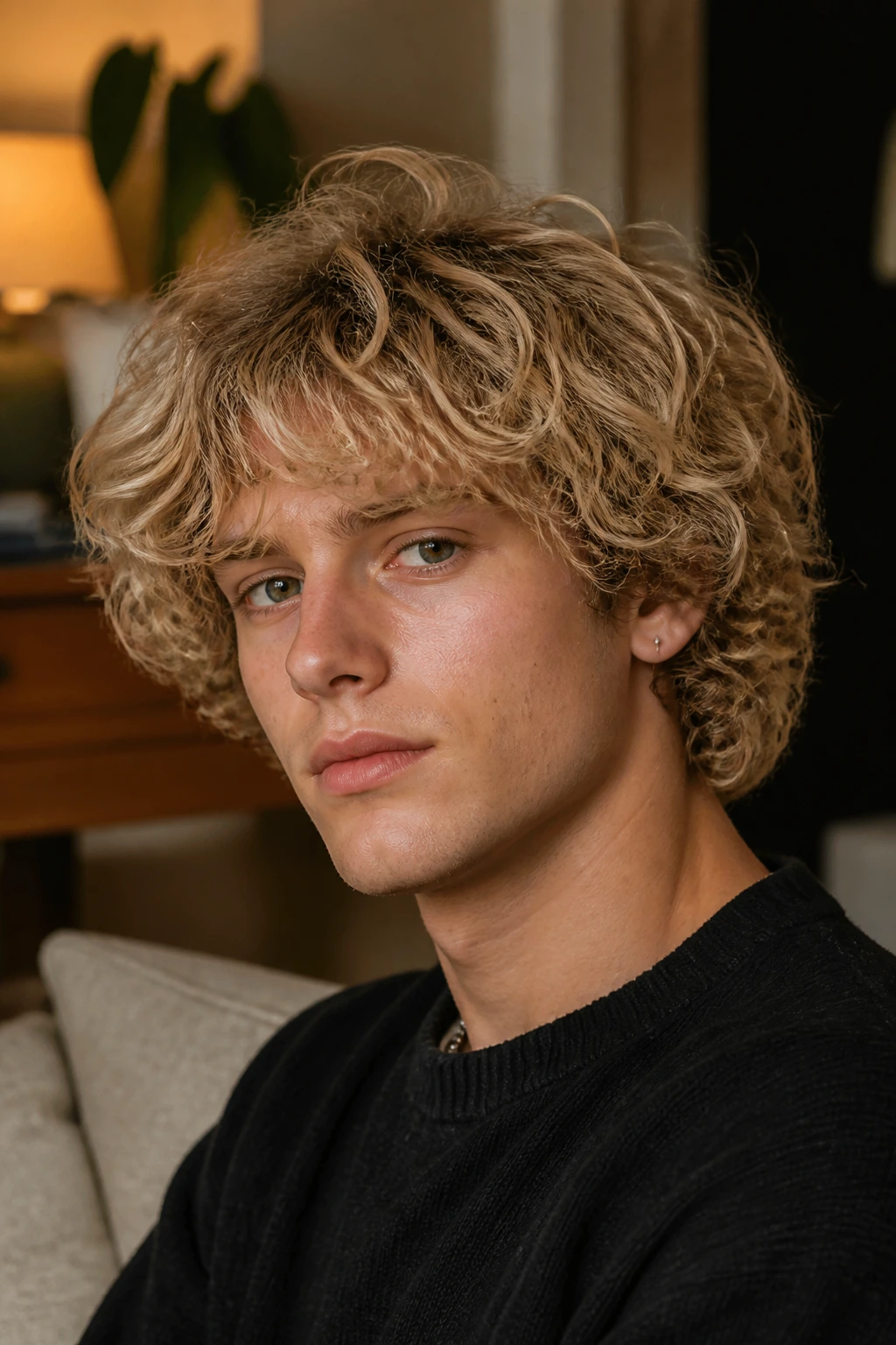 Real person with shaggy mid-length champagne blonde curls