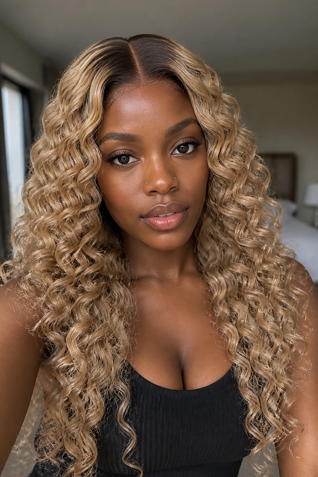Close-up portrait of a real woman with champagne blonde curls and a middle part, deep skin tone, window light