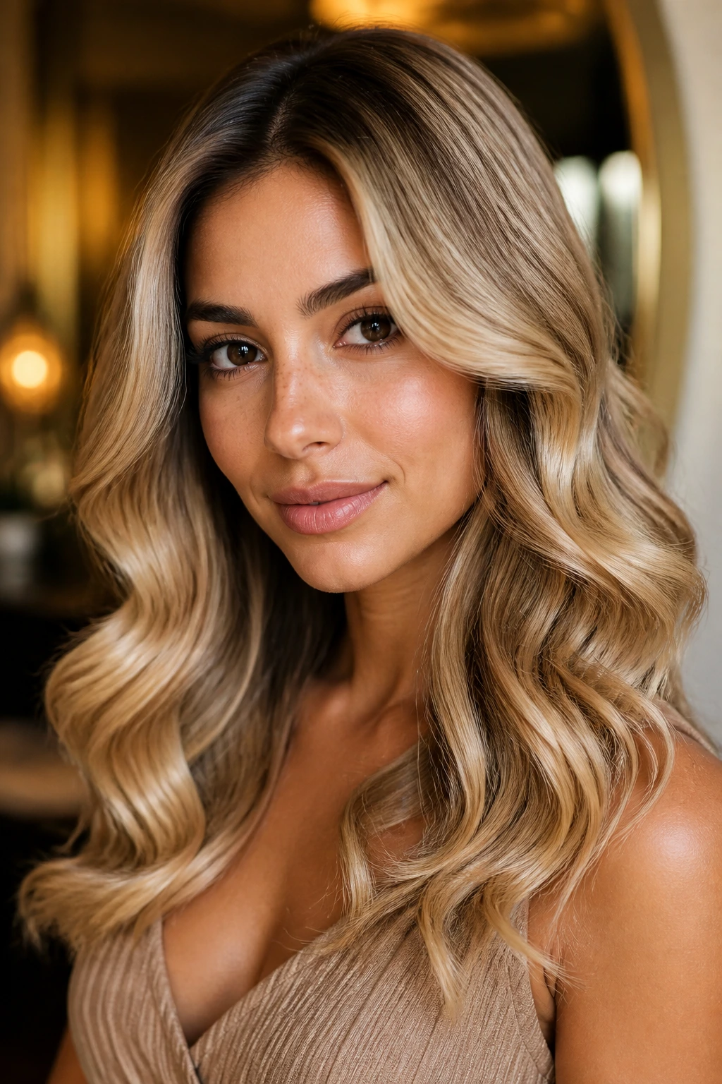 Close-up of a real woman with champagne blonde curls, olive skin and brown eyes, soft lighting.