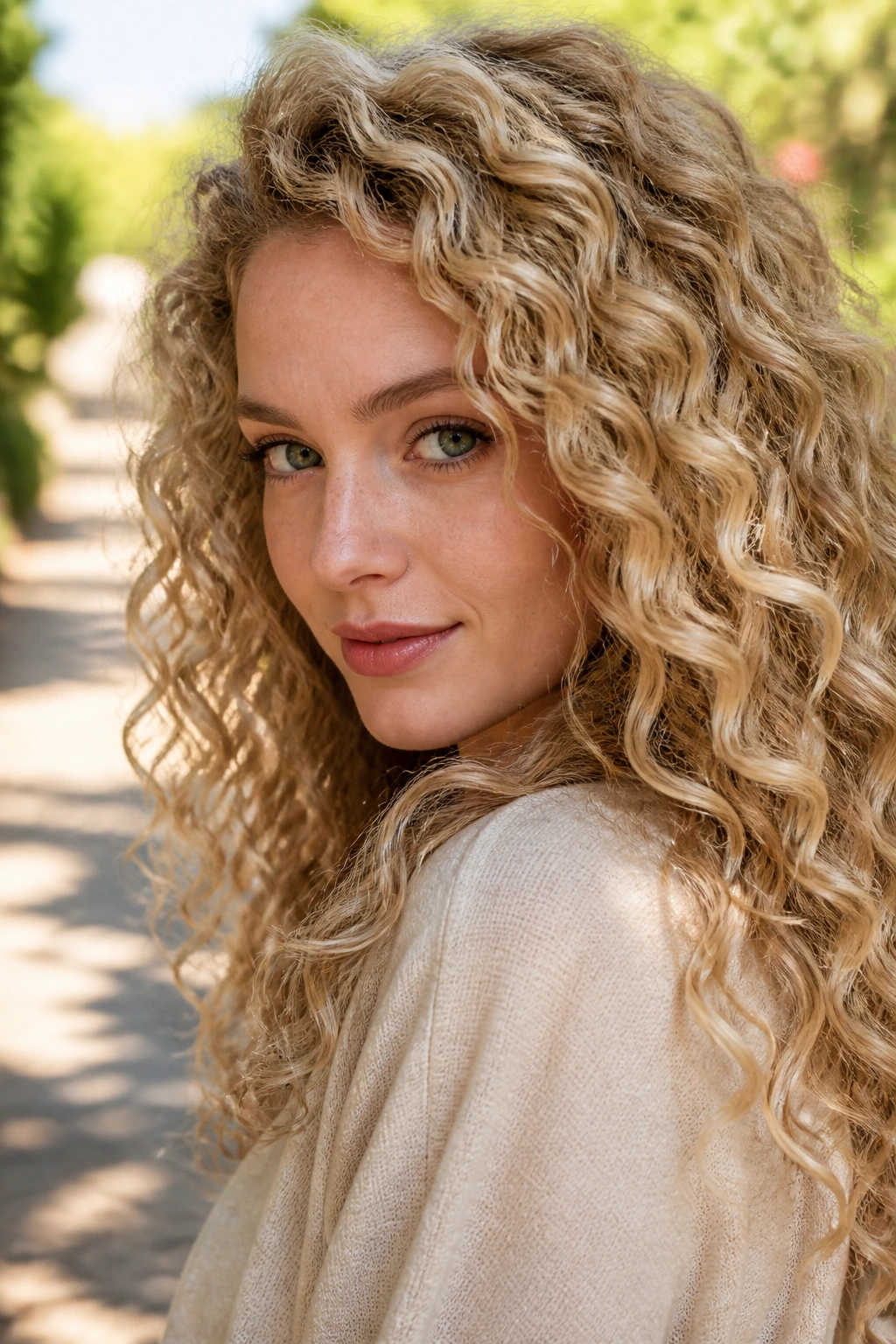Close-up portrait of a real woman with curly champagne blonde hair