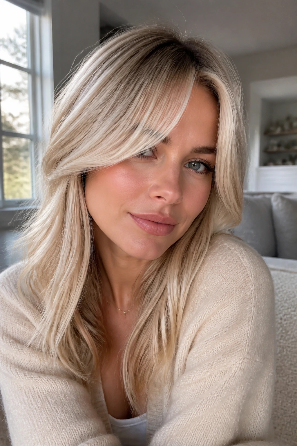 Close-up of real woman with champagne blonde curtain bangs framing the face