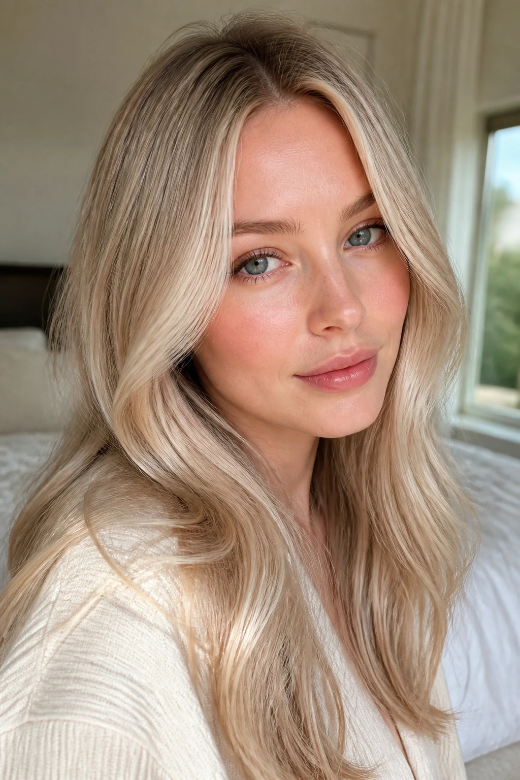 Close-up portrait of a woman with champagne blonde hair and fair skin