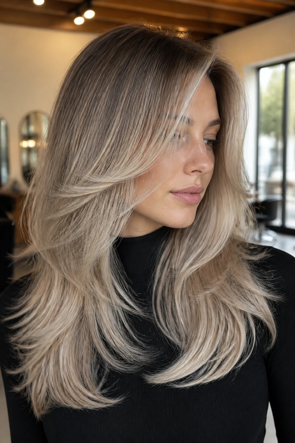 Close-up of real woman with champagne blonde feathered layers framing the face on cool undertone skin