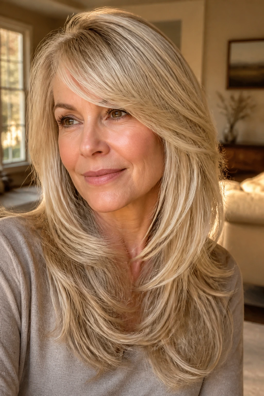 Champagne blonde feathered layers framing the face