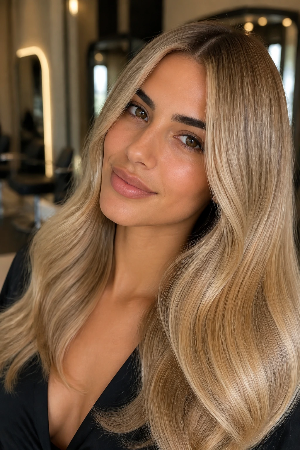 Close-up portrait of a real woman with glossy champagne blonde hair