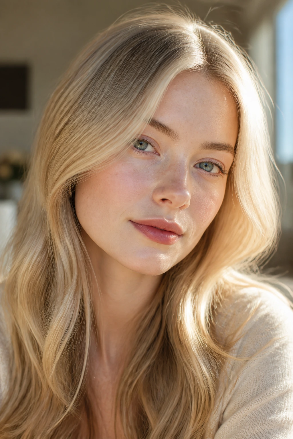 Close-up portrait of a real woman with champagne blonde glowing softly
