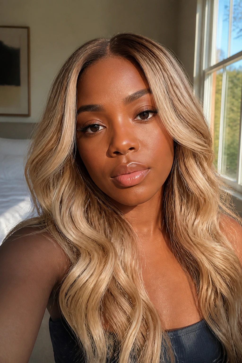 Close-up portrait of a real woman with champagne blonde hair in warm sunlit bedroom light