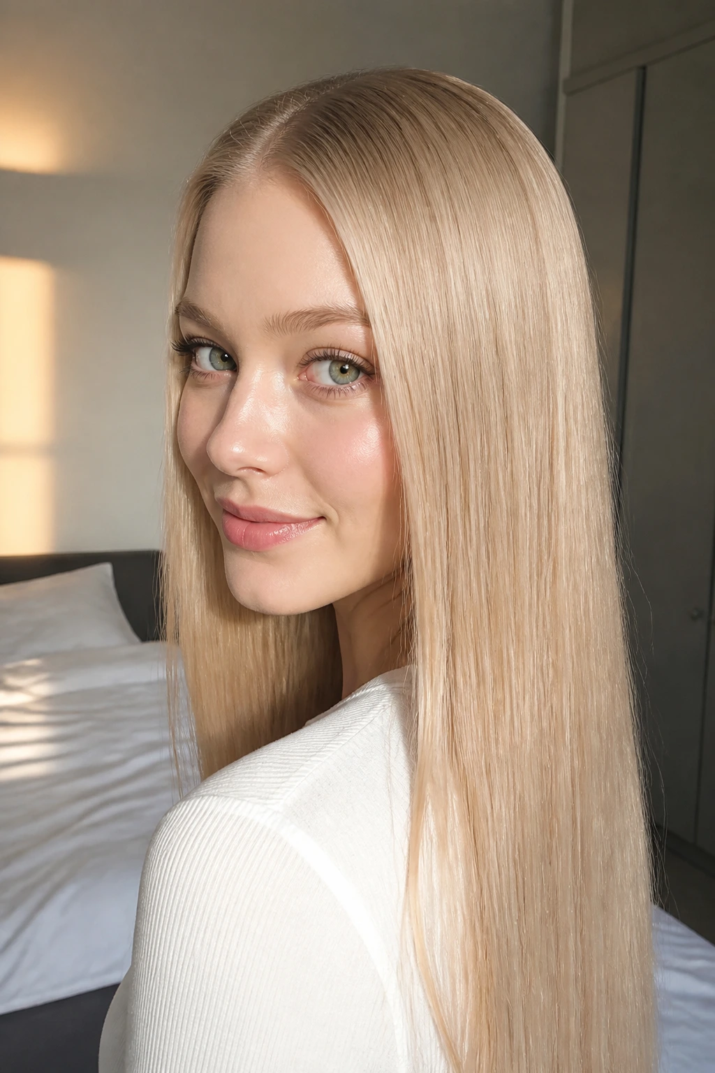 Close-up portrait of a real woman with glass-hair champagne straight look on fair skin, glossy roots and midlengths