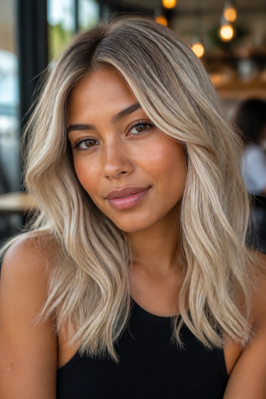Close-up of a real woman with champagne blonde hair and a subtle shadow root in natural light.