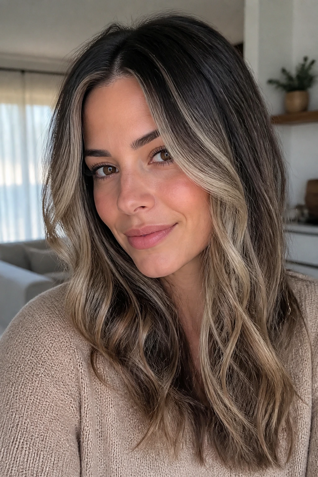 Hair with soft champagne veil on dark hair in natural light