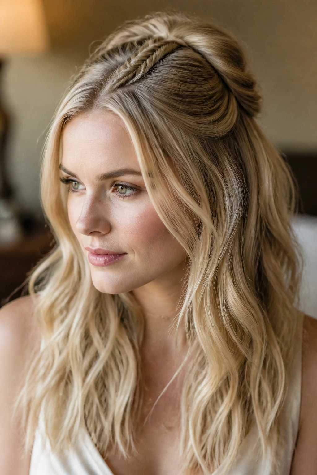 Close-up portrait of a woman with champagne blonde half-up fishtail