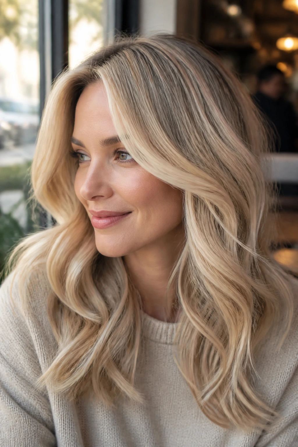 Close-up portrait of a real woman with champagne blonde halo highlights around the crown