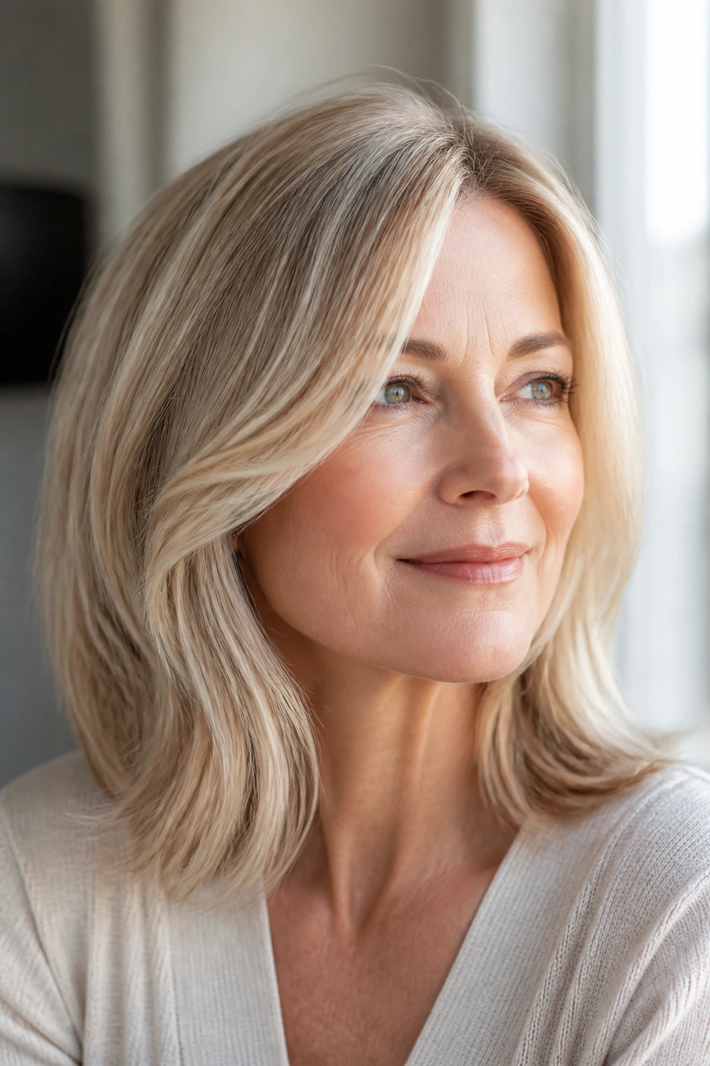 Portrait of a woman with champagne blonde hair and fine highlights