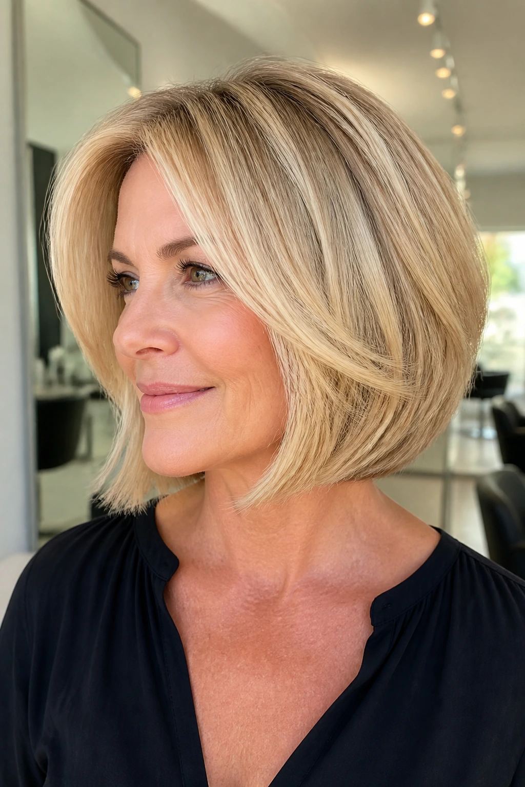 Real woman wearing champagne blonde layered bob with face-framing layers and hidden bulk