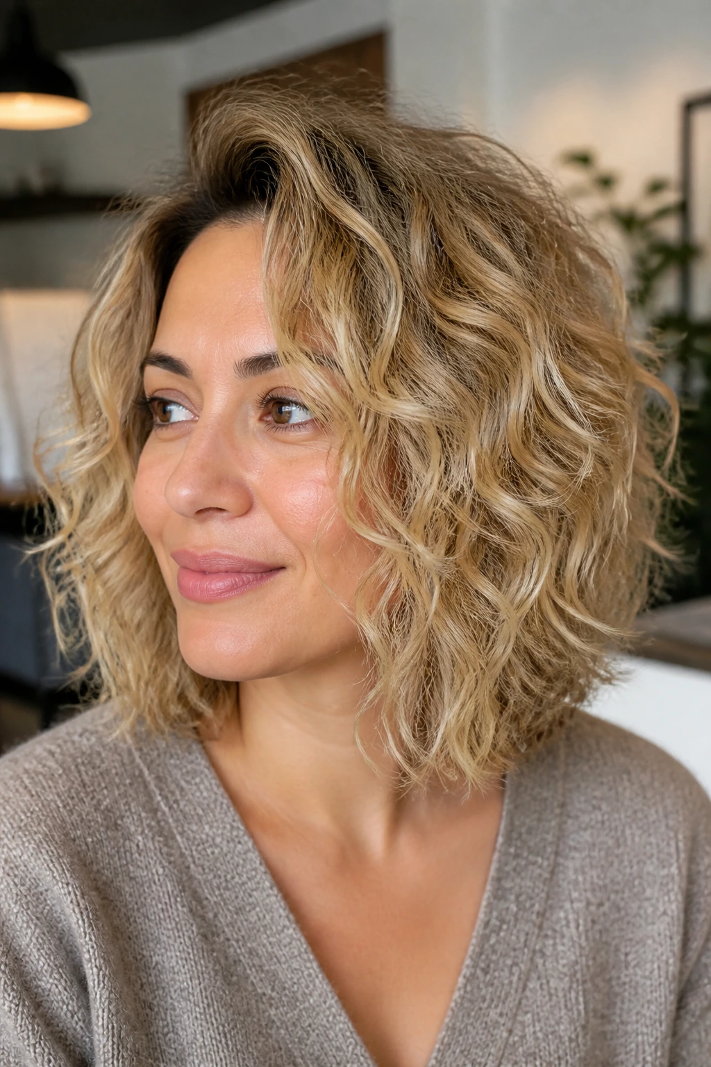 Close-up of a real woman with champagne blonde lob and invisible layers