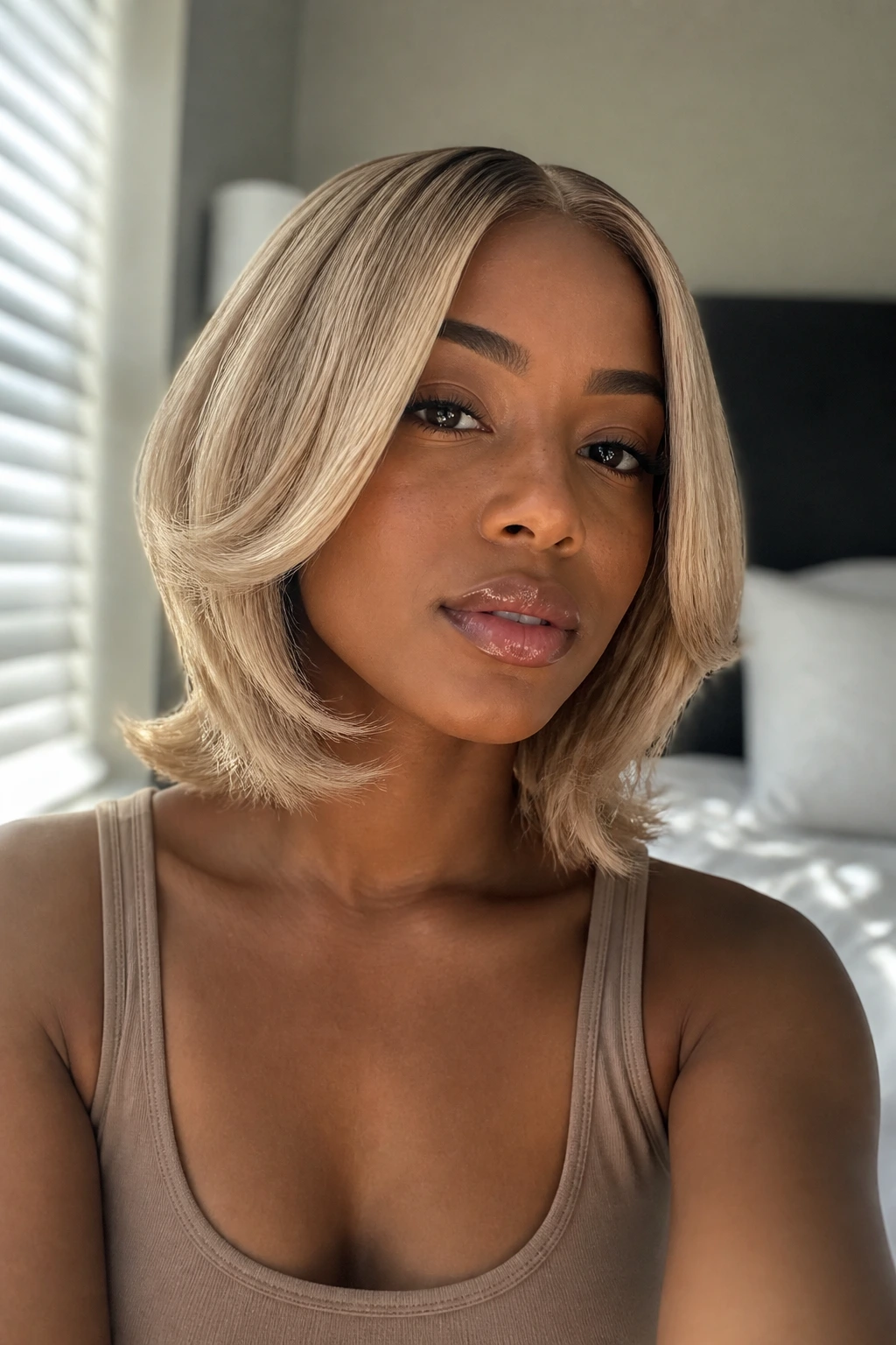 Close-up of a real woman with champagne blonde flip-out lob, soft window light.
