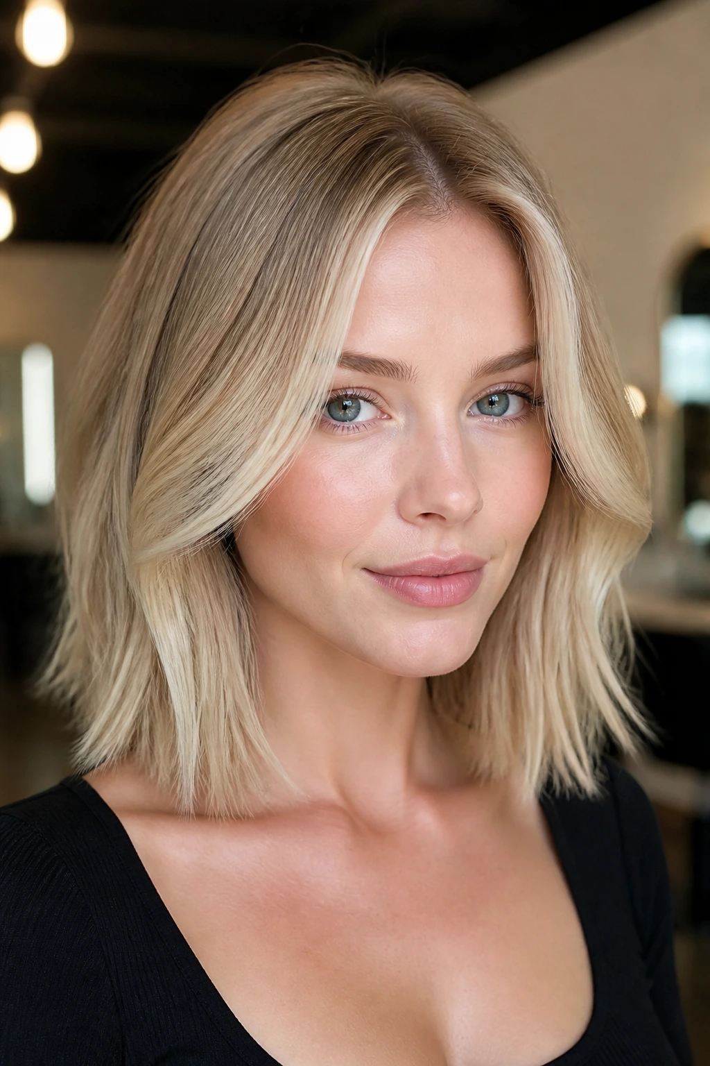 Close-up of person with champagne blonde lob and soft face-framing pieces