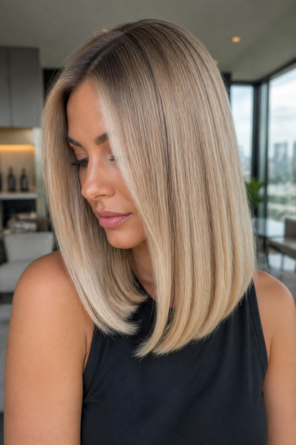 Close-up portrait of a real woman with champagne straight lob and root shadow.