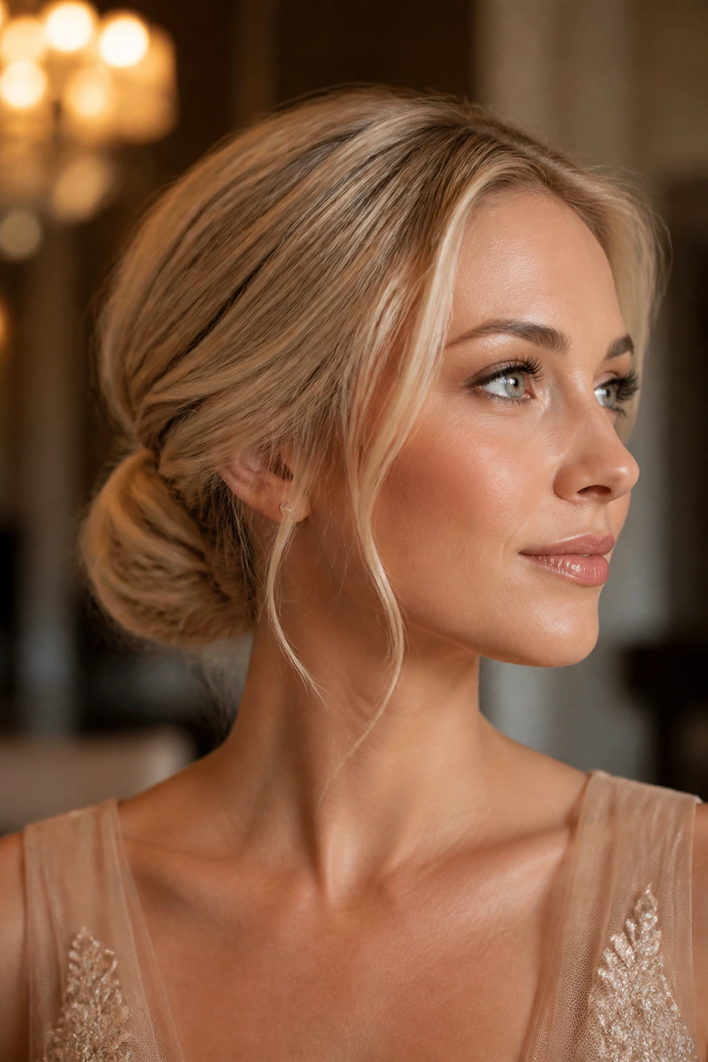 Real woman with champagne blonde low bun and soft framing pieces