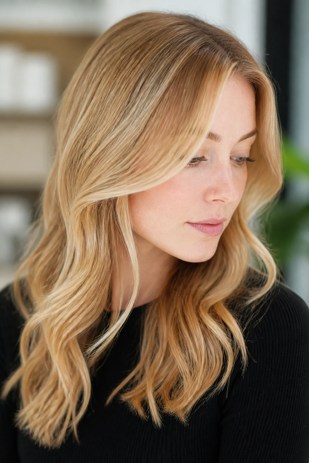 Close-up portrait of a real woman with champagne blonde hair and subtle lowlights