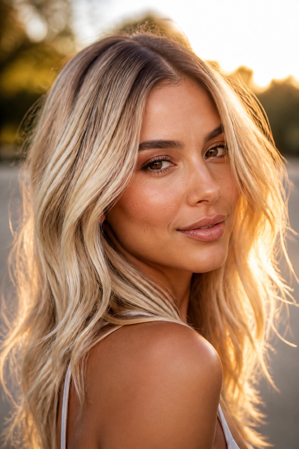 Close-up portrait of a real person with champagne blonde catching golden hour light outdoors