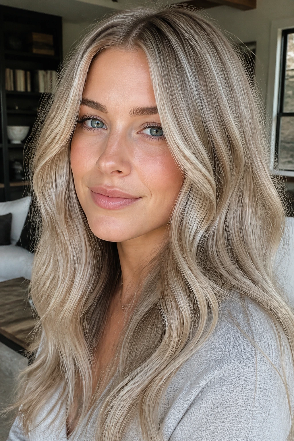 Portrait of a woman with champagne blonde hair and mushroom lowlights