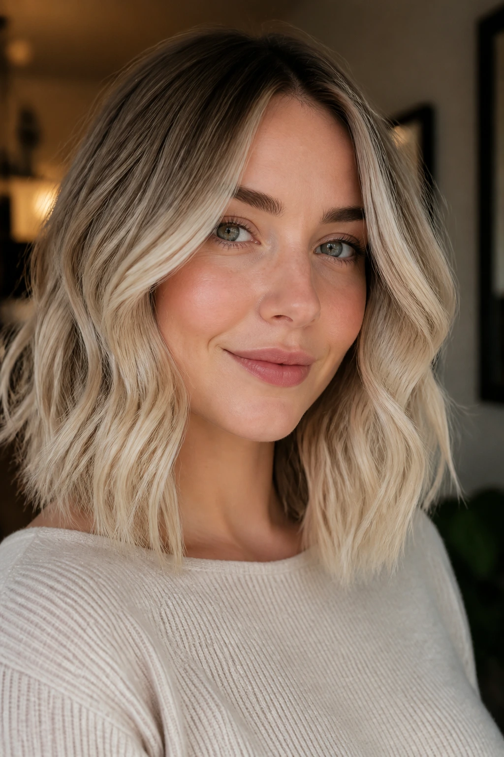 Close-up of a woman with soft champagne melt hair.