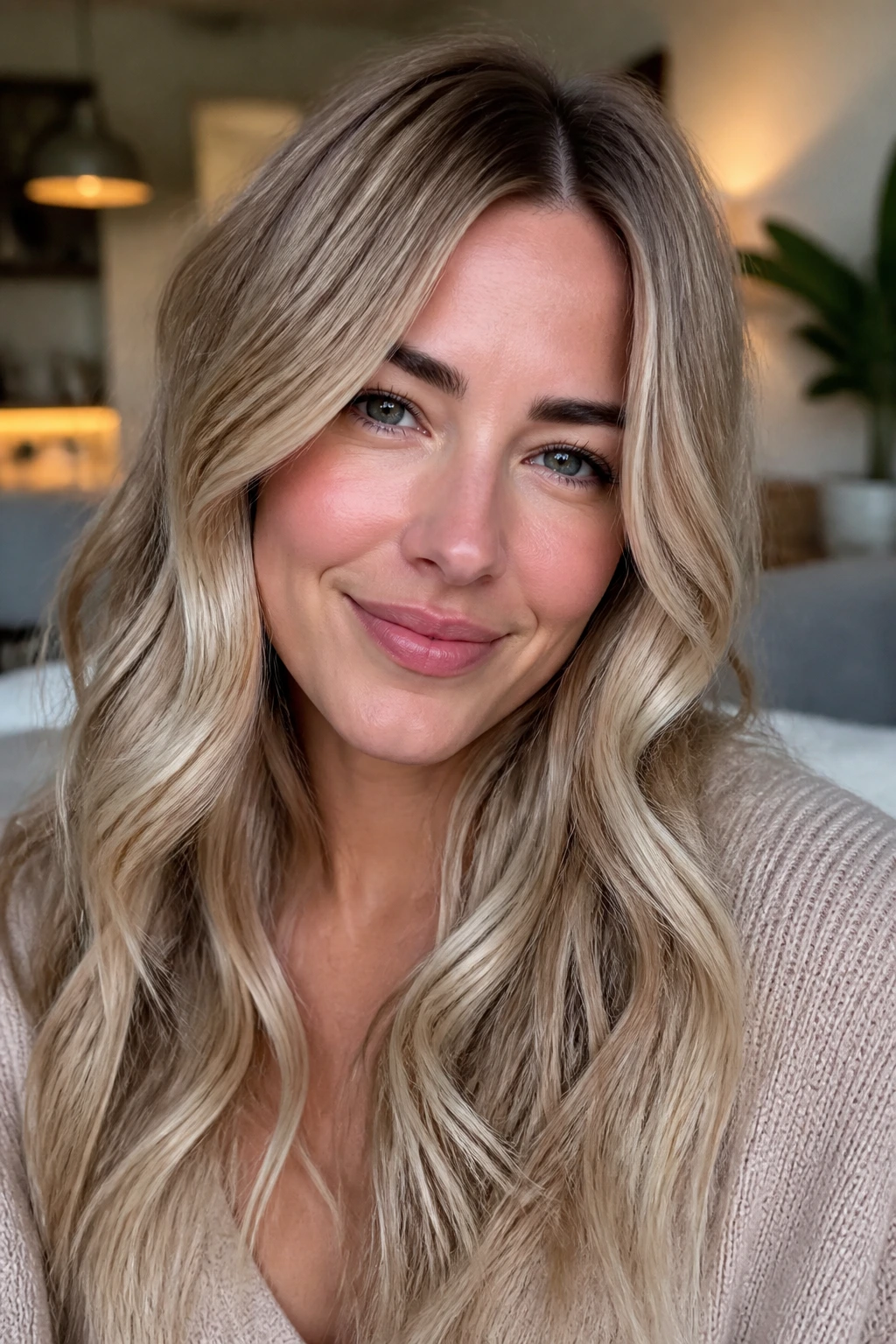 Portrait of a woman with beige champagne blonde softening pink undertones