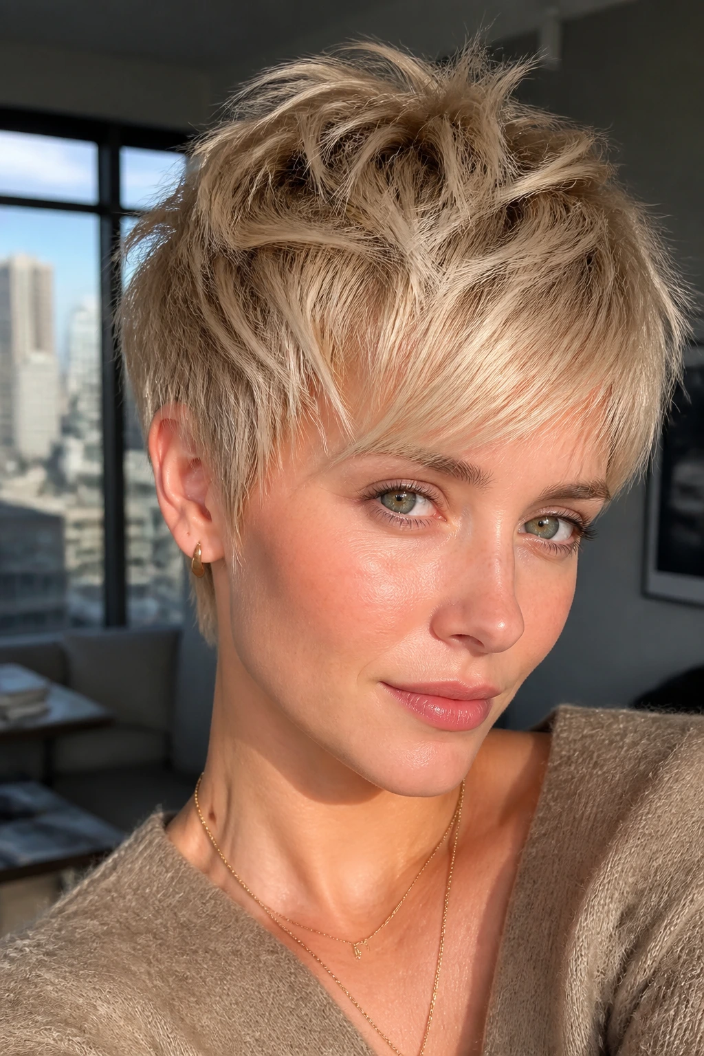 Close-up portrait of a real person with champagne blonde pixie and choppy texture.