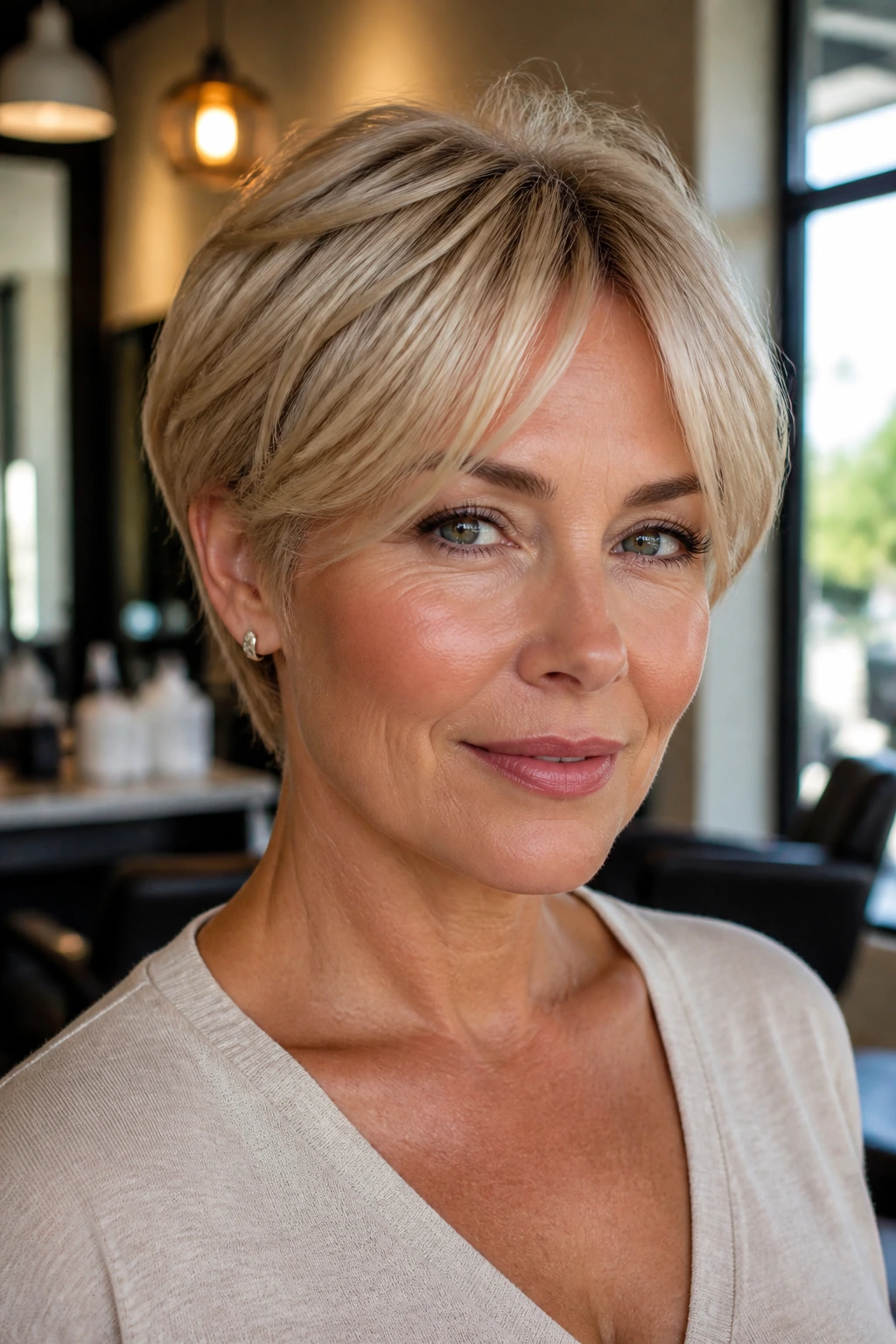 Close-up of a real woman with champagne blonde pixie and curtain fringe, subtle crown lift and natural light.