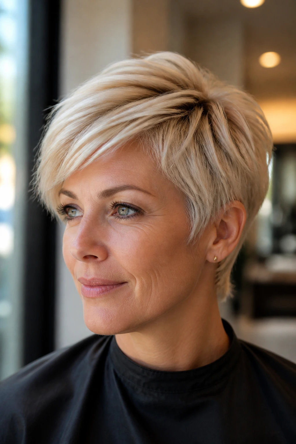 Portrait of a woman with champagne blonde pixie cut with side-swept top and airy temple layers.