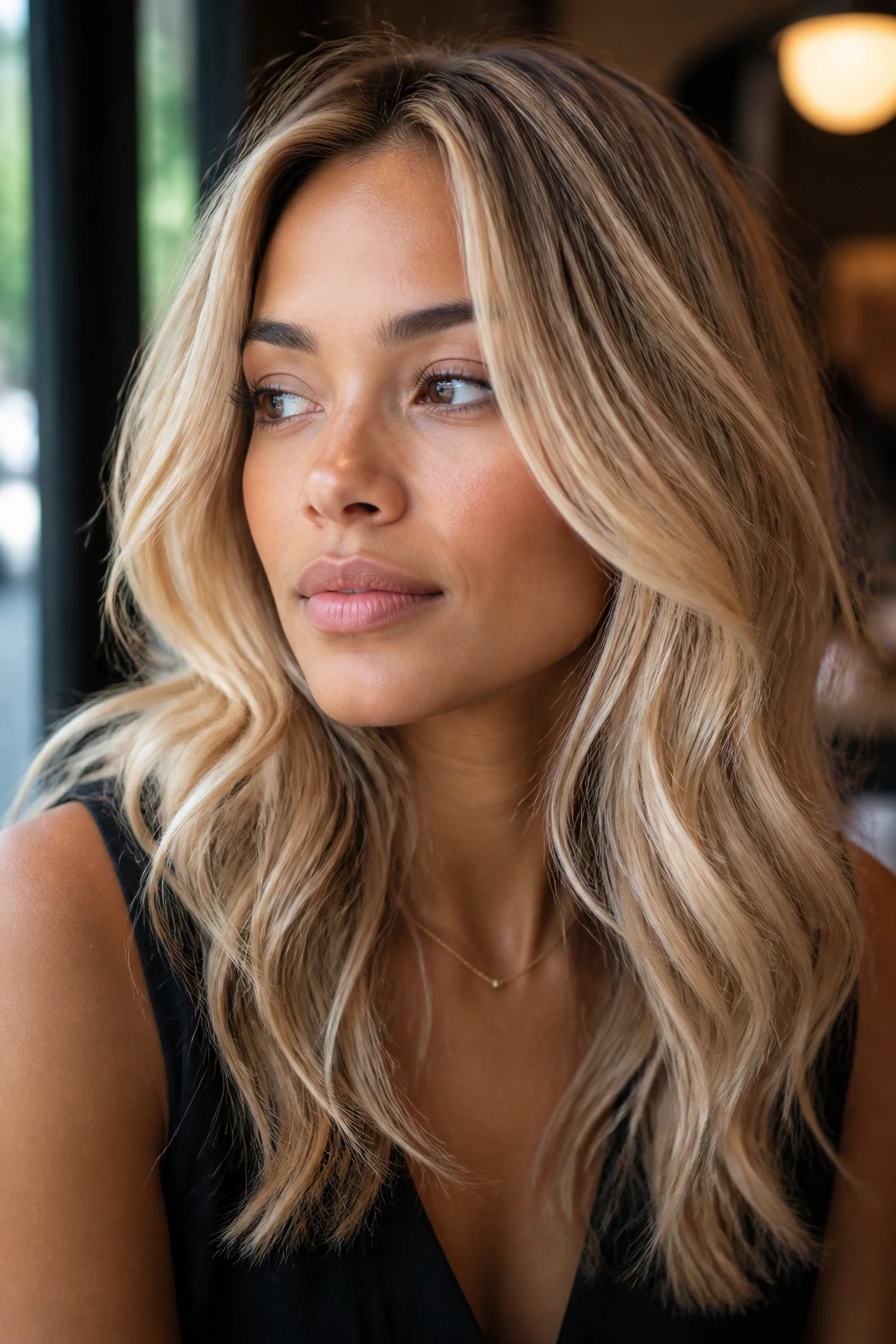 Portrait of a woman with champagne blonde hair and warm, luminous skin