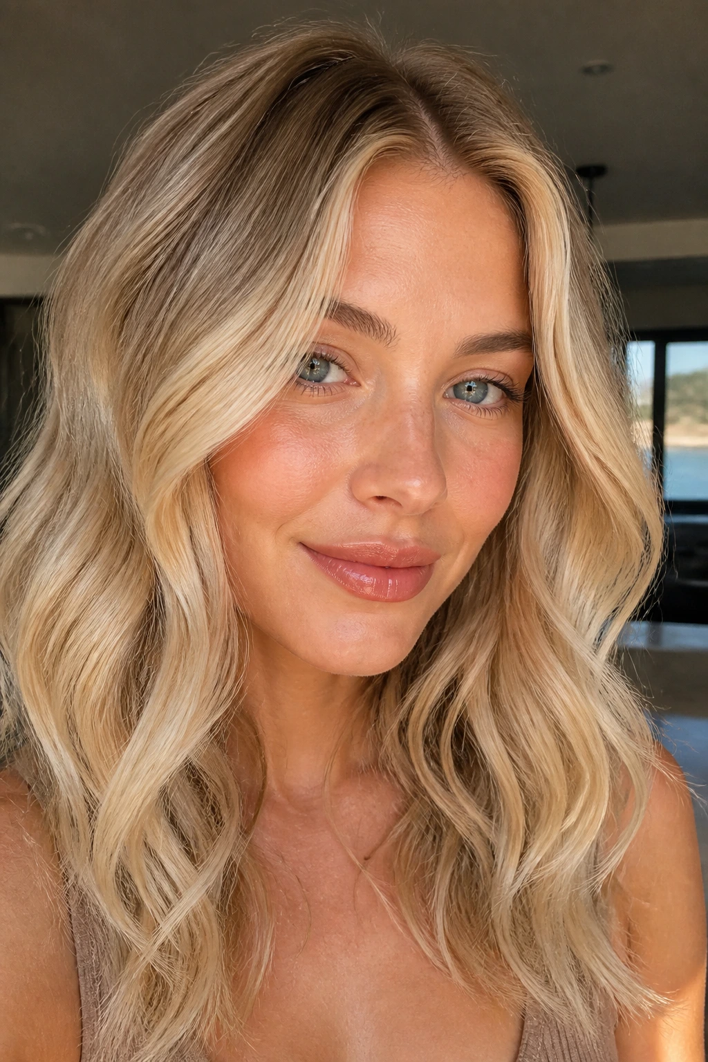 Close-up portrait with champagne blonde hair and beige-gold lift