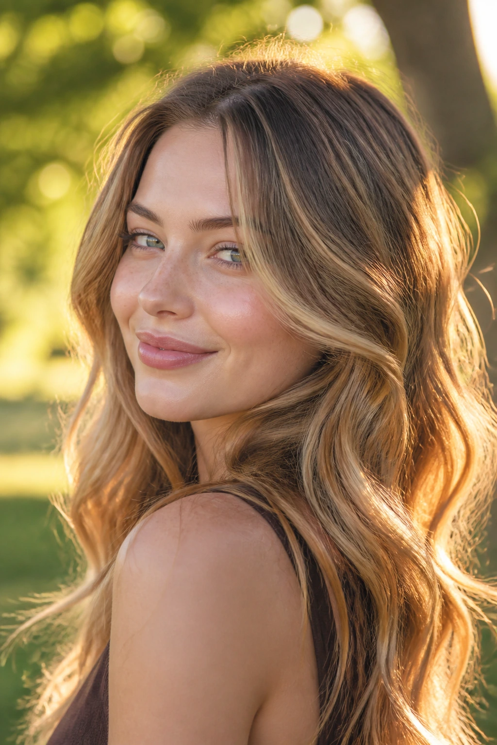 Close-up of a real woman with champagne blonde ribbons in hair on fair skin