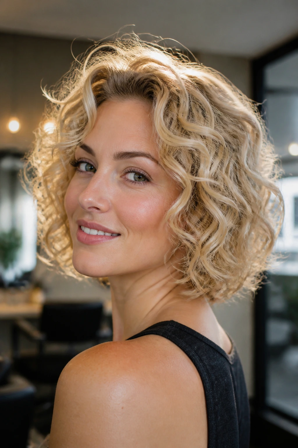 Close-up of a real woman with champagne-blonde ringlets and crown lift