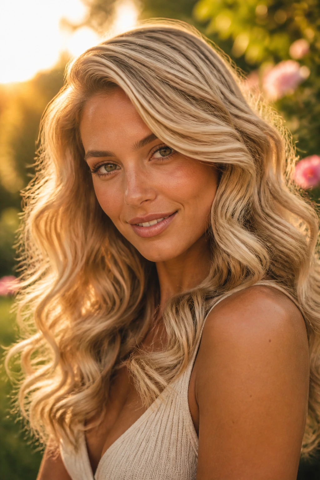 Real woman with champagne blonde brushed-out ringlets framing her face.