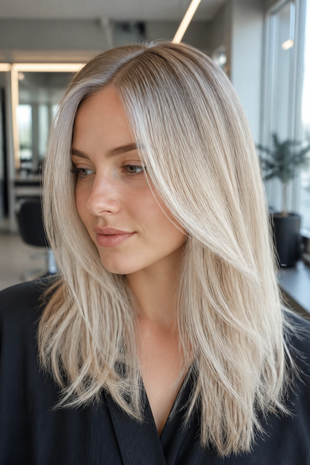 Close-up portrait of a real person with icy champagne blonde hair and a subtle silver edge.