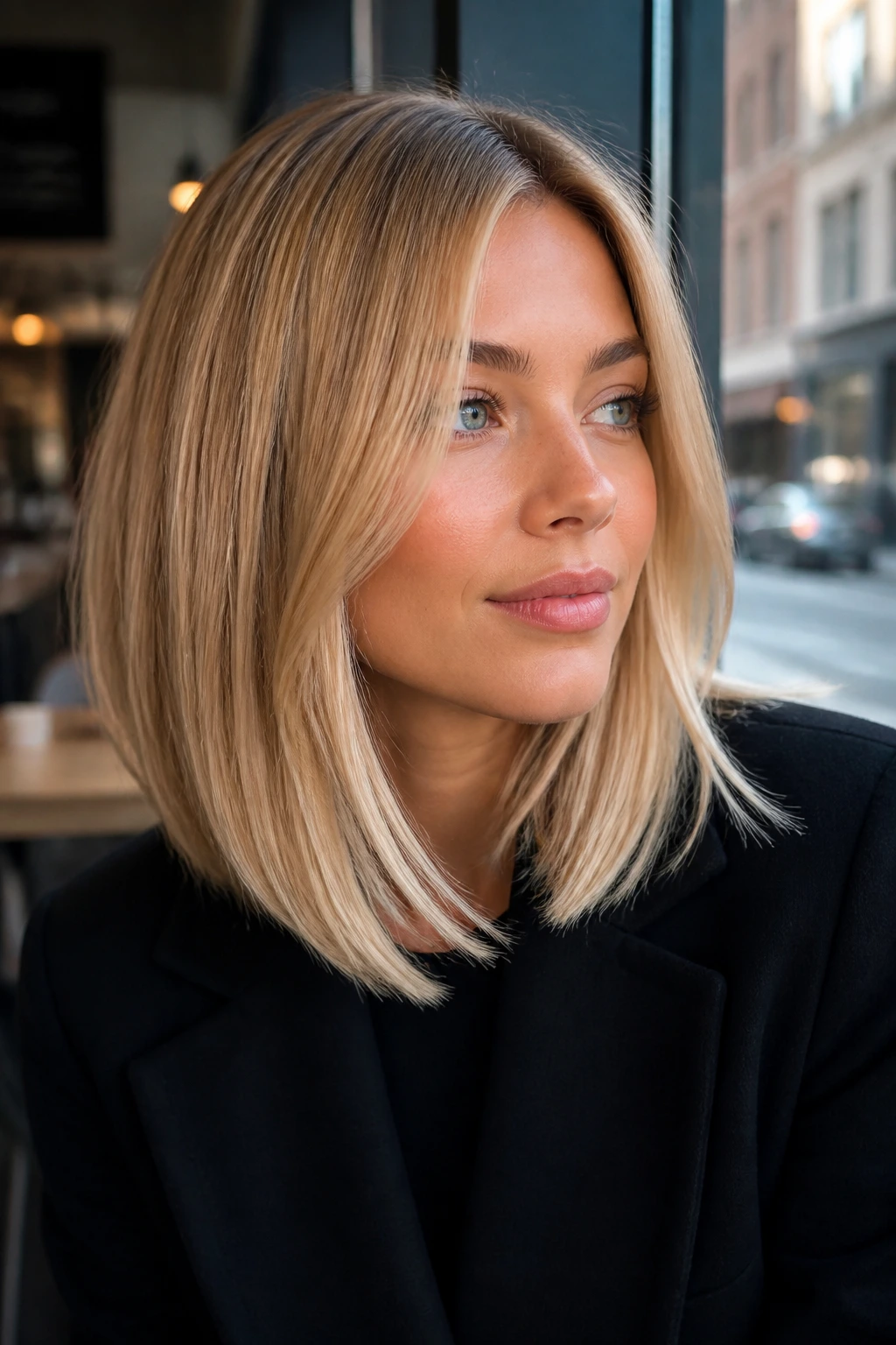 Real woman with warm champagne blonde sleek lob in cafe window light