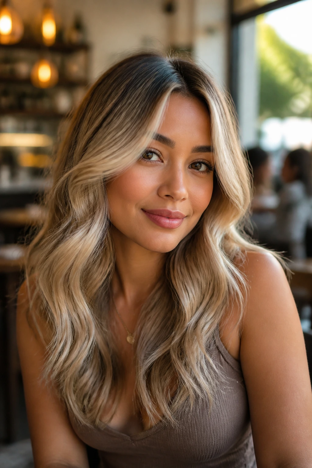 Portrait of a person with champagne blonde soft waves in a warm cafe setting