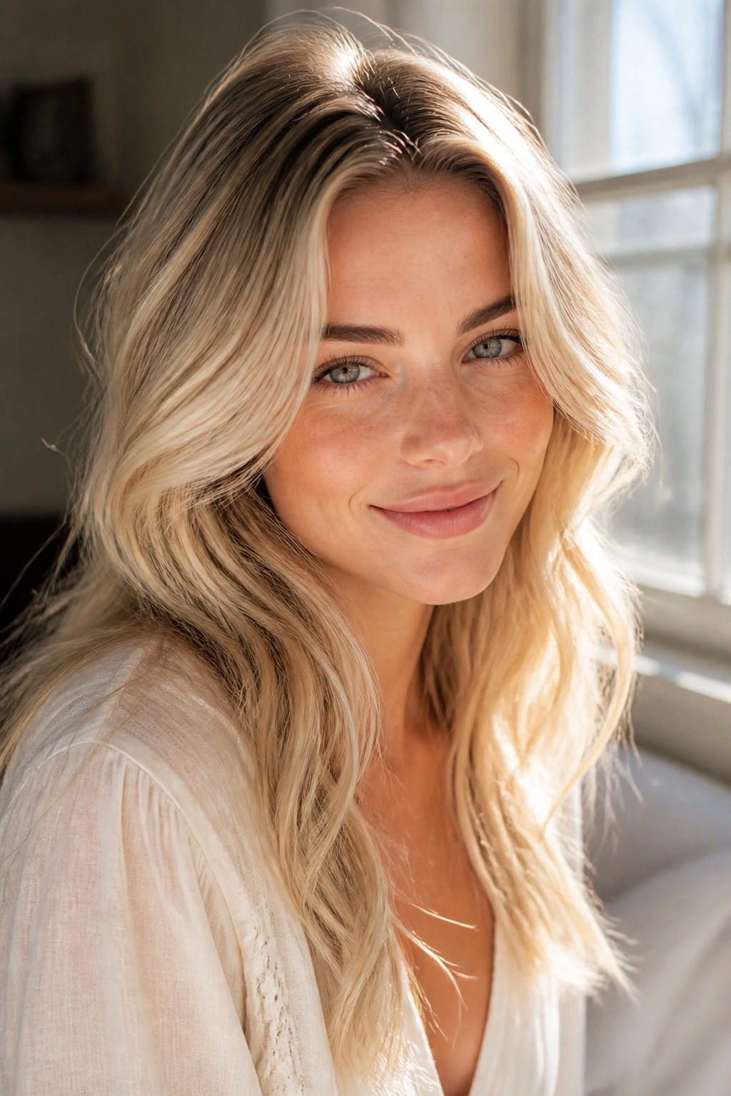 Close-up portrait of a real woman with bright champagne blonde in sunlit light