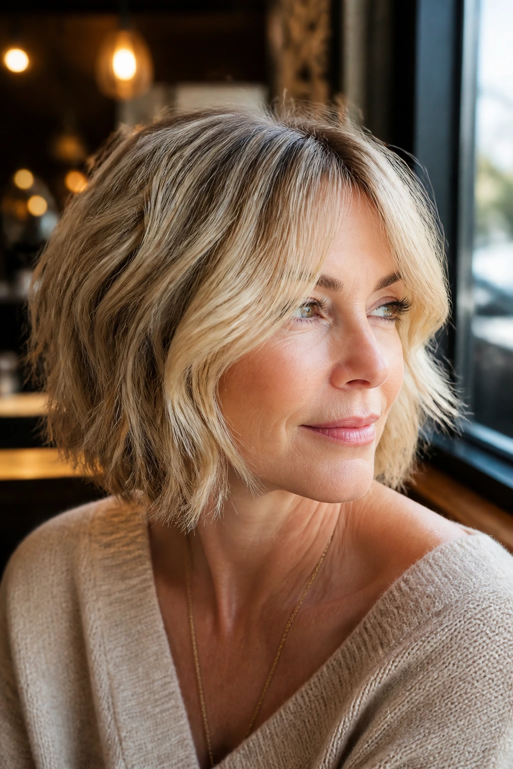 Real woman with champagne curtain-bangs tousled bob in a warm cafe setting.