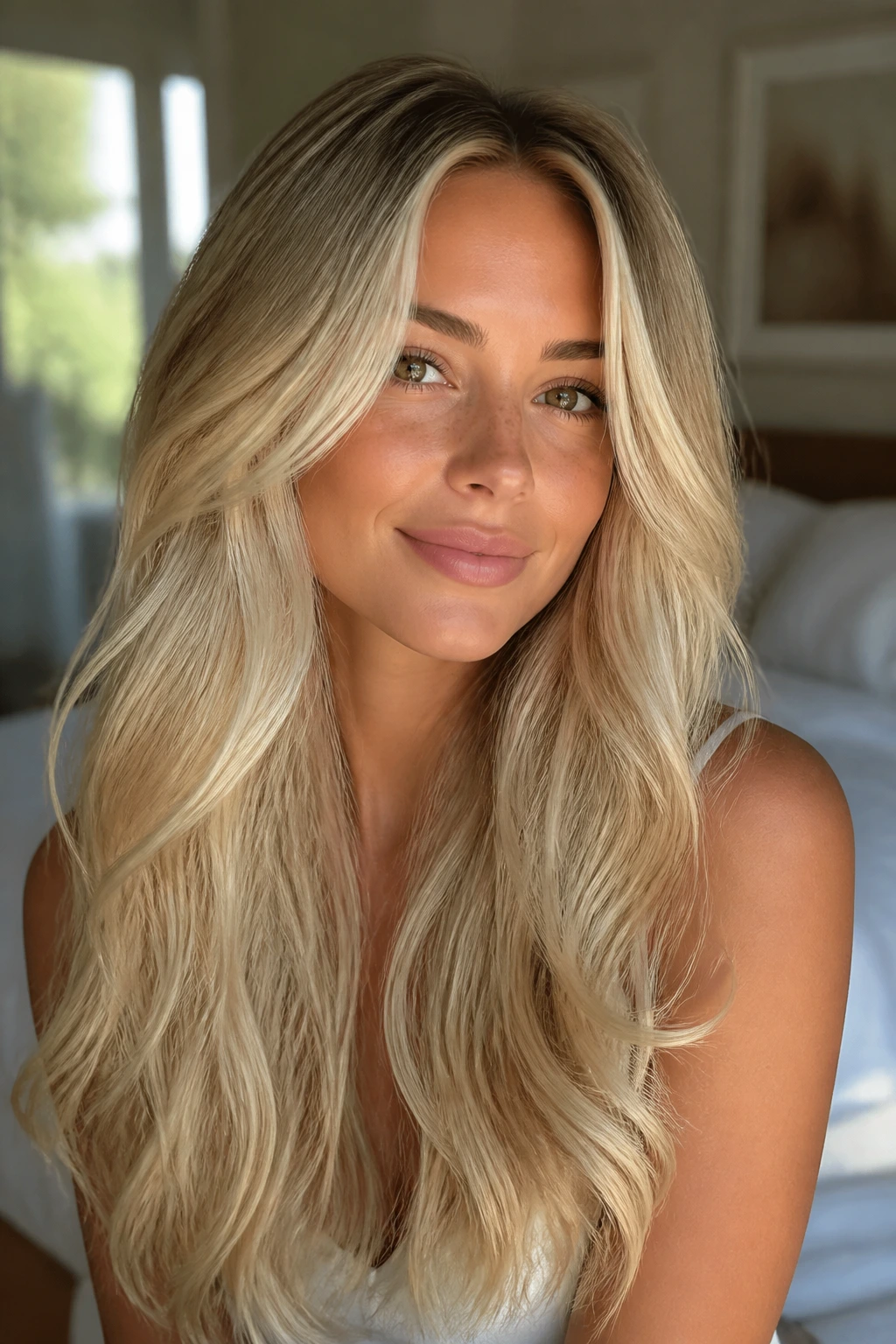 Close-up portrait of a real woman with long champagne blonde hair and warm skin under natural window light