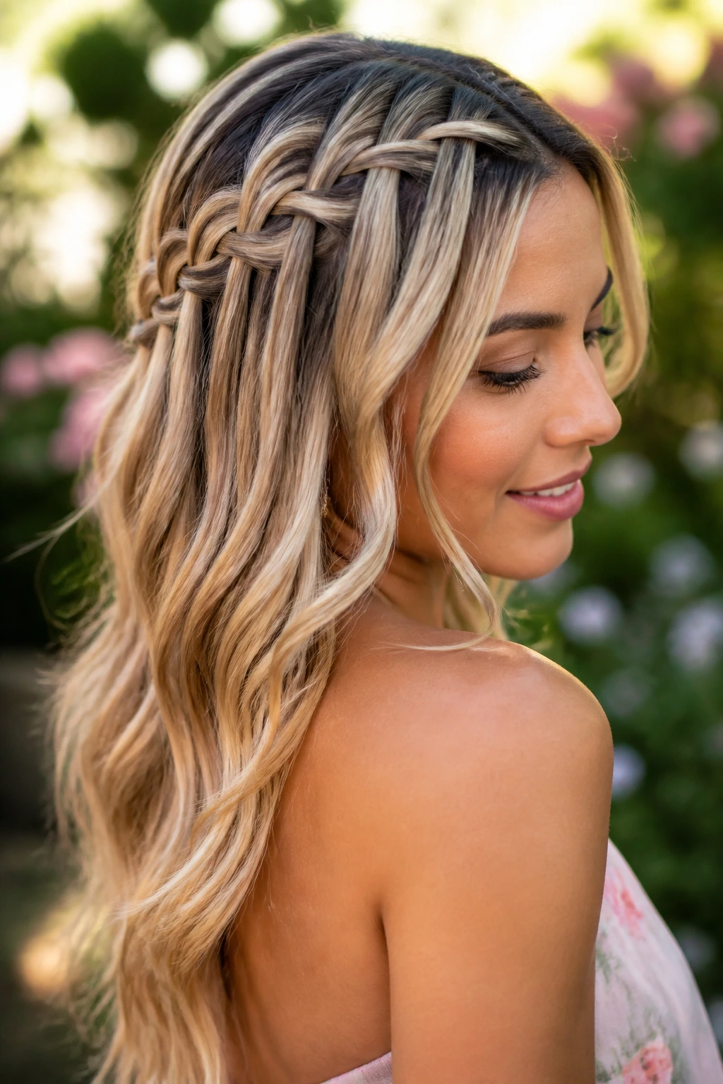 Close-up portrait of a real woman with champagne blonde waterfall braid