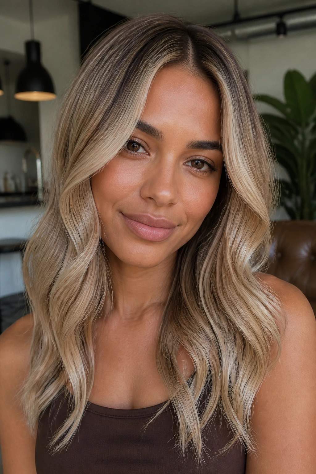 Portrait of a medium skin tone woman with champagne blonde waves