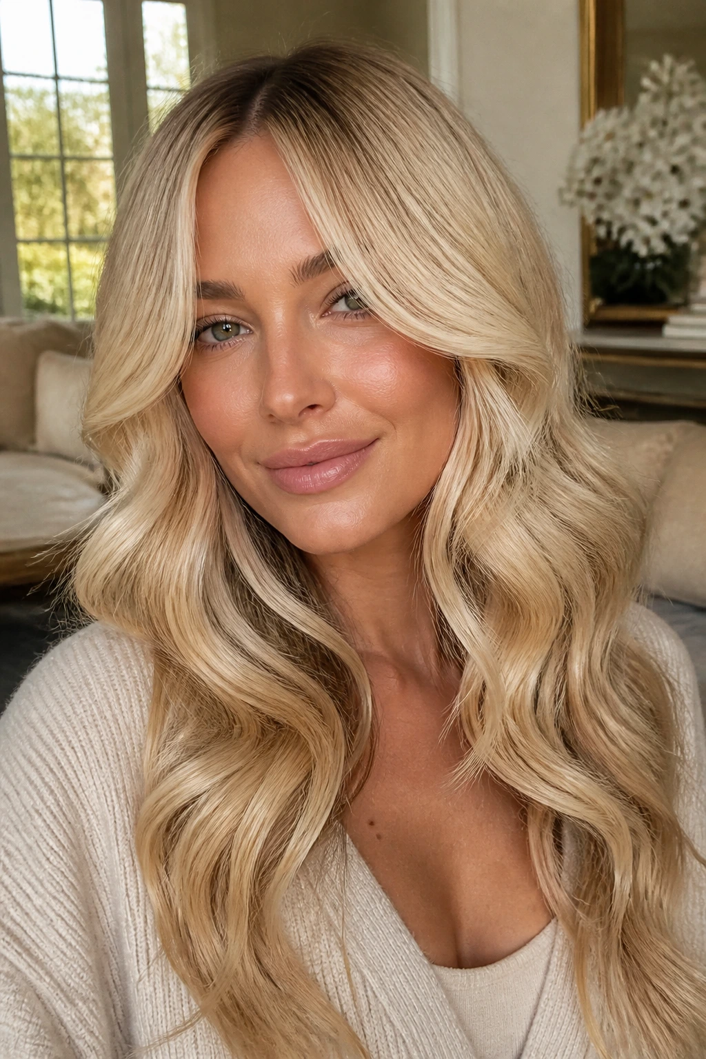 Real woman with champagne blonde glam waves and center-open curtain bangs in soft morning light