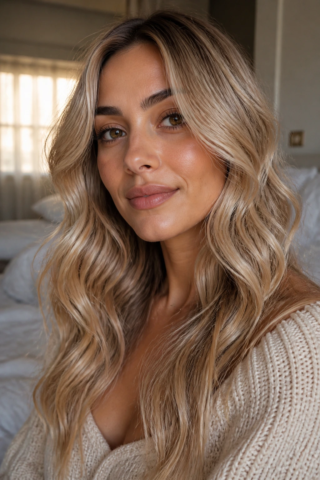 Close-up portrait of a real woman with champagne blonde waves and olive skin in warm window light