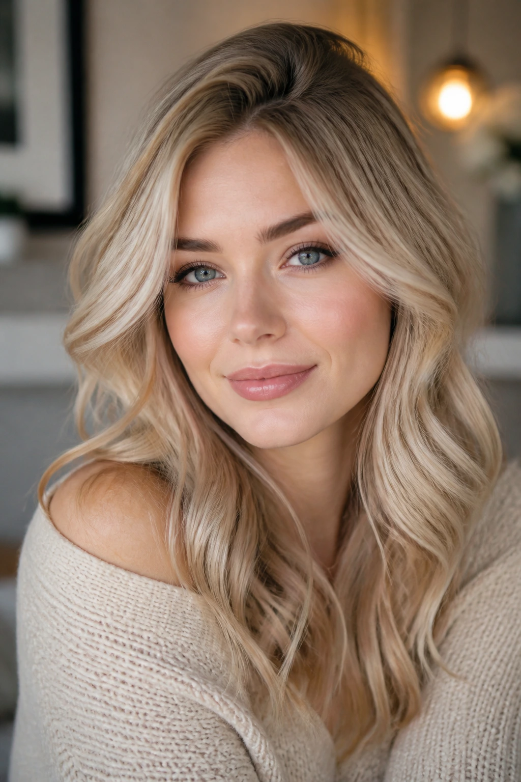 Portrait of a real person with champagne blonde hair in soft waves